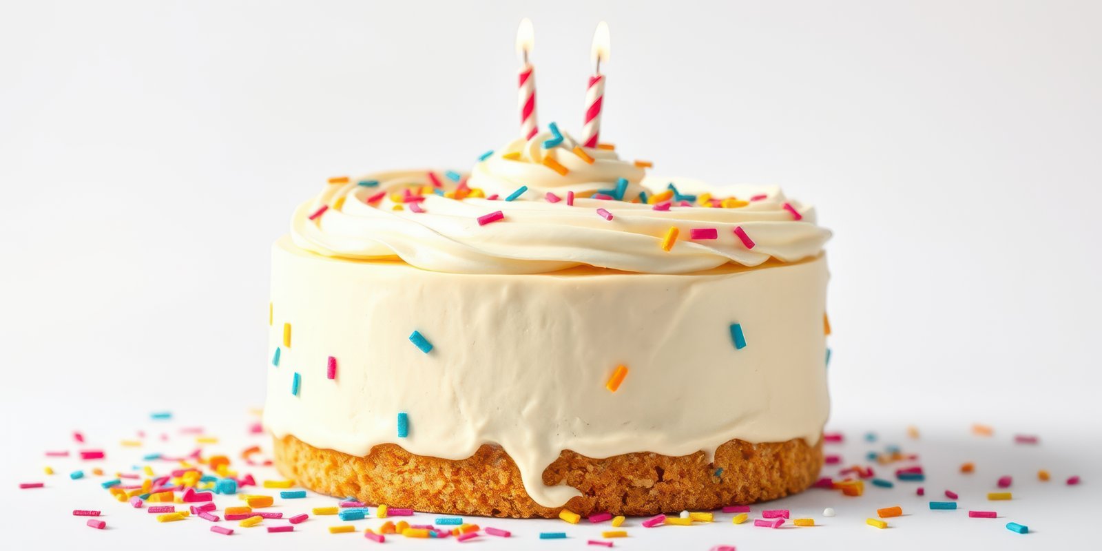 Birthday cake decorated with colorful sprinkles and candles on top for a festive celebration
